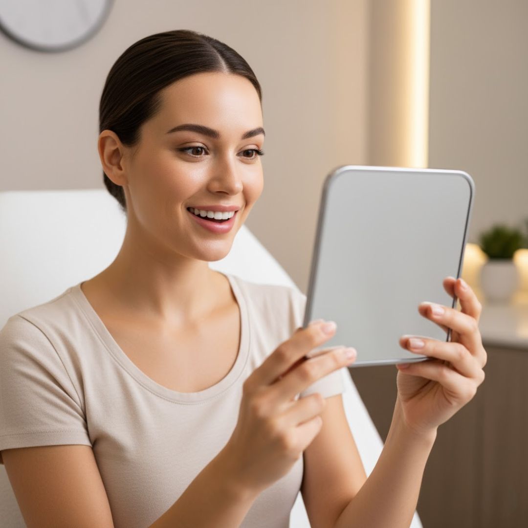 A woman smiling happily while looking at her clear, glowing skin in a handheld mirror after a spa treatment