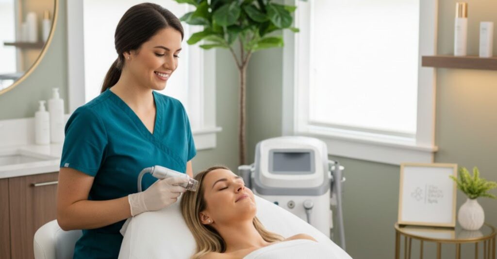 A professional esthetician performing a HydraFacial treatment on a smiling client in a bright, modern spa setting