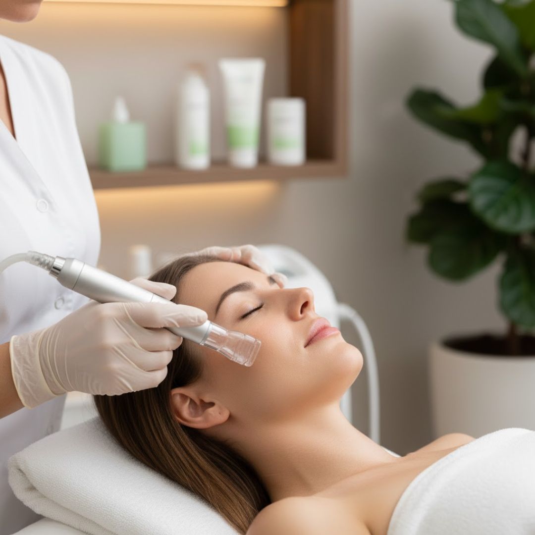 an esthetician performing a facial treatment on a serene woman, with a clear, professional-grade device