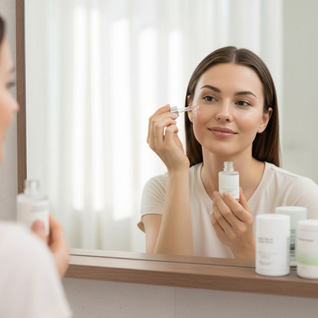 A woman applying serum to her face in a mirror reflection