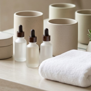 A simple, naturally lit vanity displaying organized skincare bottles and a fresh towel.