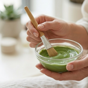 Hands gently holding a natural botanical face mask mix.